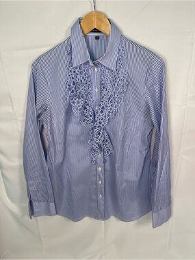 Walter Voulaz Size 46 Blue & White Striped Ruffle Front Shirt